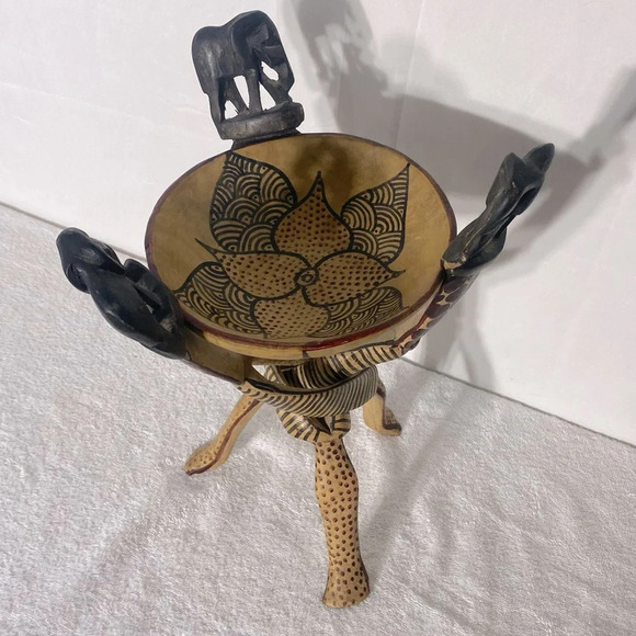 Vintage Handmade African Interlocking Interwoven Wooden  Tribal Art Stand W Bowl - Picture 2 of 11
